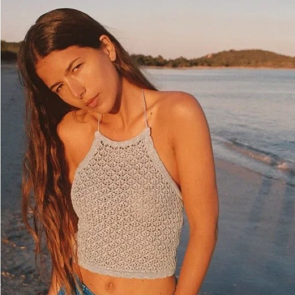 NWT Zara Silver Nude Tan Knit Metallic Halter Top Crop Tie Top Pointelle Thread - Picture 3 of 4